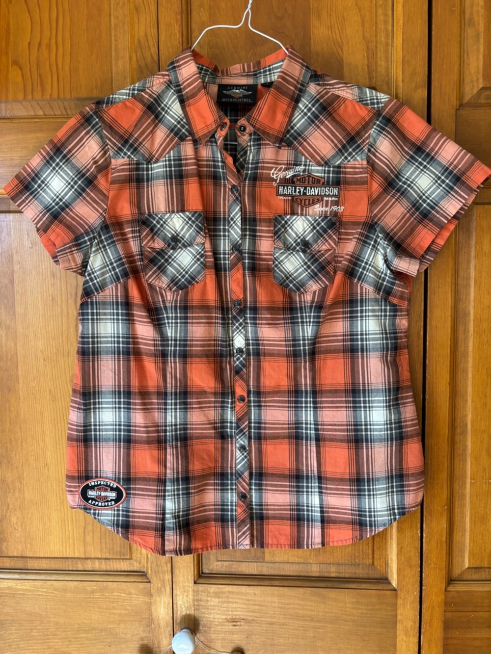 Harley-Davidson women’s Orange Black White Plaid Short Sleeve Button-Up Shirt